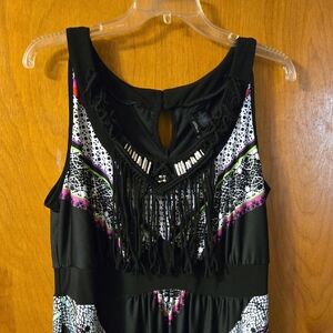 New Directions Black Maxi Dress with Fringe Accents 1X: 1XA